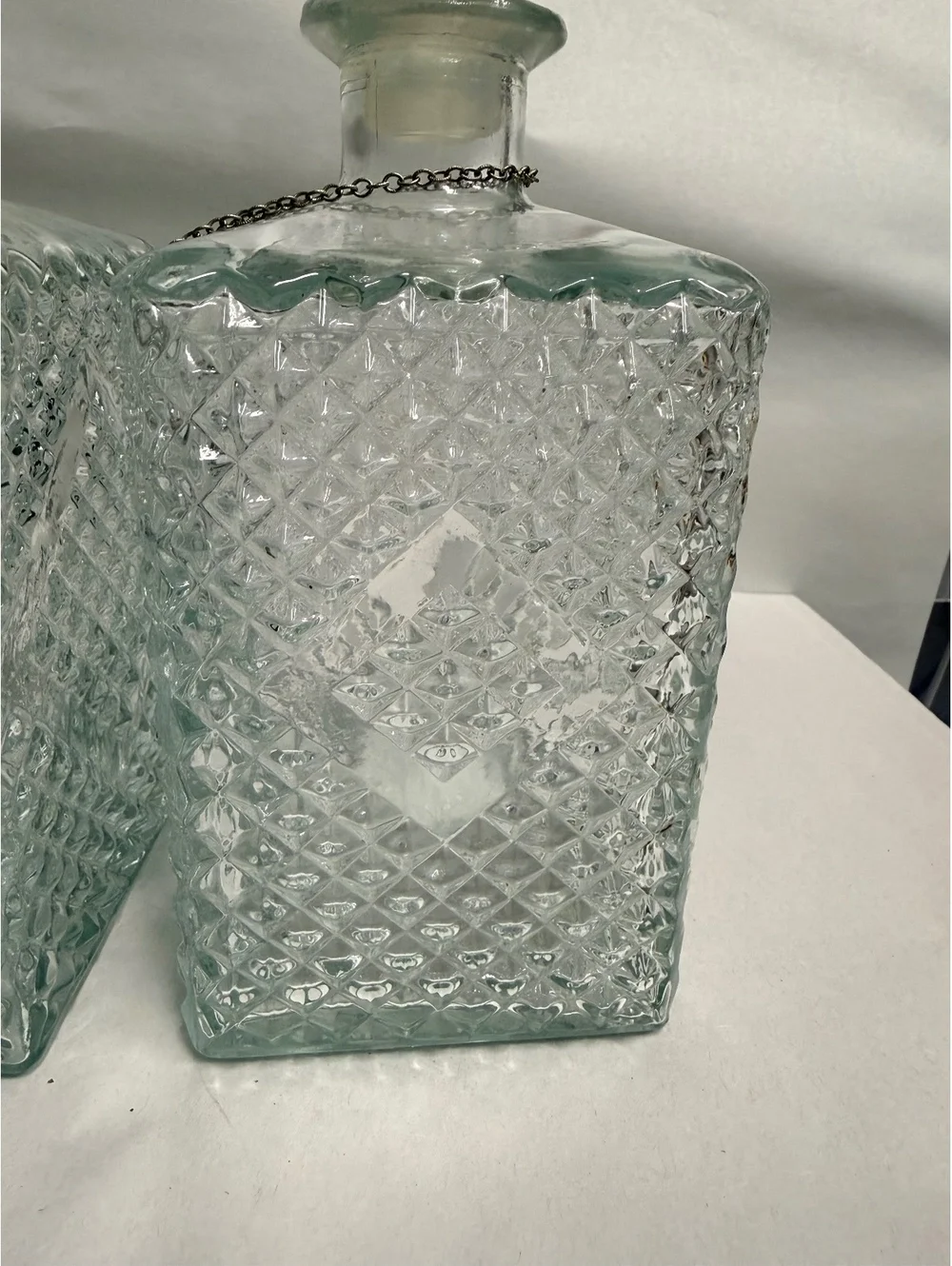 Vintage MCM Cut Glass Decanter Set with Scotch and Bourbon Tags